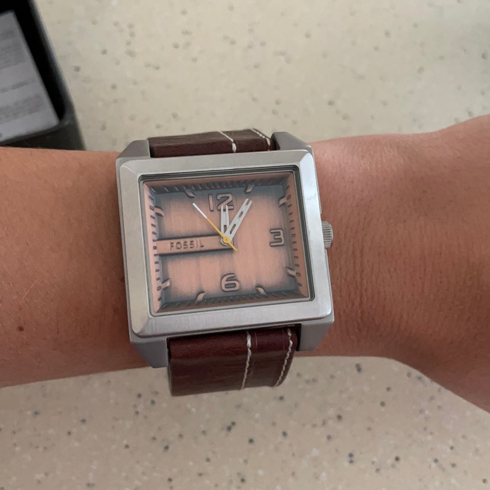 NEW Men’s Fossil Pewter Bronze square face wide band